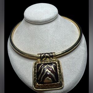 Jungle Fever Animal Print Gold Tone Brown Collar Necklace Pendant